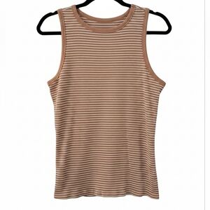 Nine West Essential XL Ribbed Striped Tank Top Brown White Stretch
